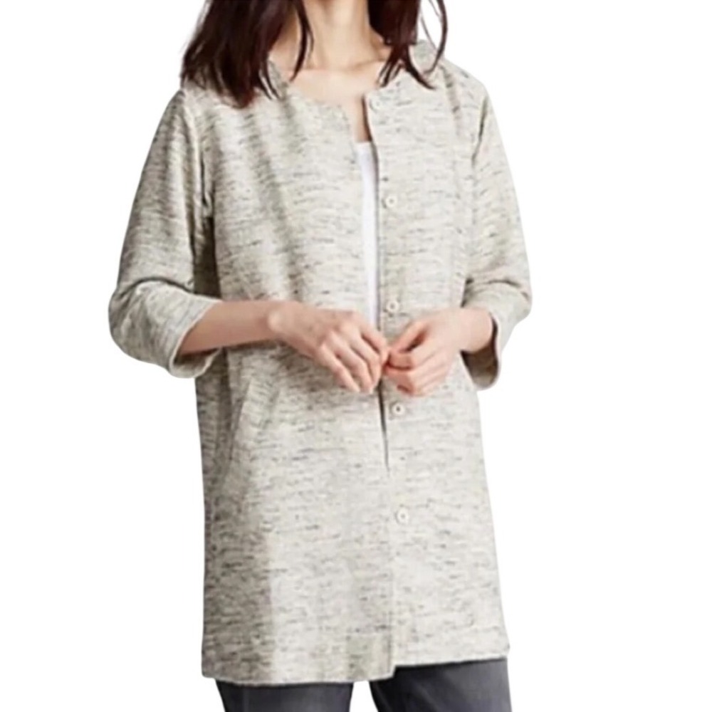 Eileen Fisher Long Textured Jacket XS Ecru Black Cotton Blend Minimalist